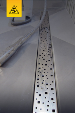Душевой канал с гориз. фланцем и решеткой из полированной нерж. стали, решетка Квадраты, 350 мм
