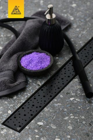 Душевой канал с черным корпусом из полипропилена, горизонтал. фланцем и решеткой из нерж. стали окрашенной в черный цвет, выпуск DN40, 350 мм, Капли
