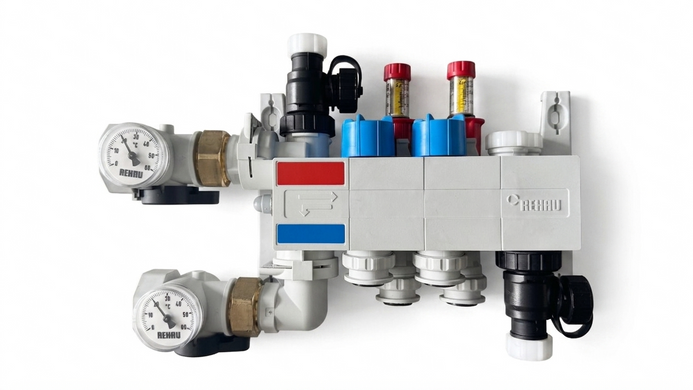 Розподільчий колектор REHAU RAUTHERM SPEED HKV-P 06, з конекторами для труби 17&times;2,0 і запірними кранами