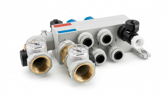 Розподільчий колектор REHAU RAUTHERM SPEED HKV-P 06, з конекторами для труби 17&times;2,0 і запірними кранами