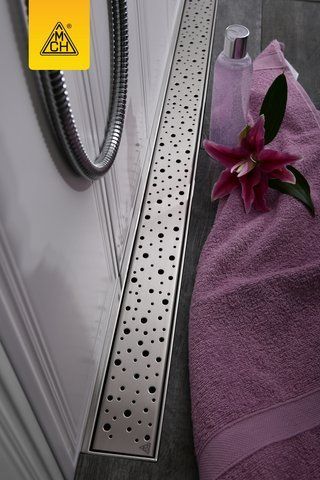 Душевой канал с вертикальным фланцем (монтаж к стене), нерж. кромка и решеткой из матовой нерж.стали, 450 мм, Капли